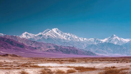 A majestic snow-capped mountain range dominates a vast, arid landscape under a vibrant, clear sky; purple hues color the foreground hills