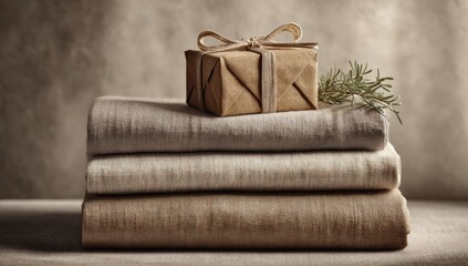 A small, simply wrapped gift sits atop a neatly stacked pile of light-brown linen fabrics against a muted backdrop