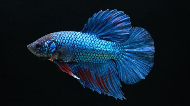 A vibrant blue Betta fish detailed scales flowing fins set against a dark background