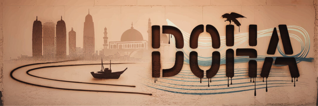 Artistic Doha Street Art Mural Featuring Modern Skyline, Arabic Calligraphy, Traditional Dhow Boat, and Cultural Landmarks