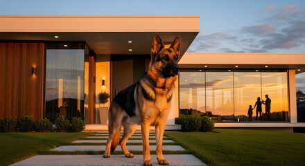 German Shepherd Dog Standing in Front of Modern House at Sunset