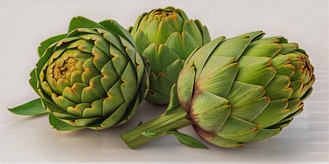 Obraz premium Three Fresh Green Artichokes with Leaves on a White Background
