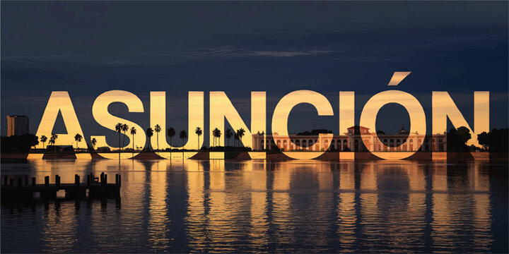 Asunci&oacute;n Paraguay Skyline Sunset Illustration with Reflections on Water, Modern Cityscape Typography, South America Travel Art