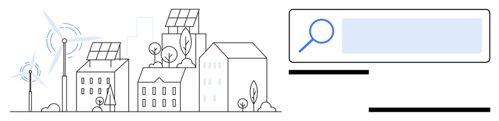 Obraz premium Urban landscape with solar-powered buildings, wind turbines, trees. Ideal for green energy, sustainability, urban planning, eco-awareness, renewable resources, environment design simple landing page