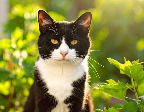 Black and white cat in a garden