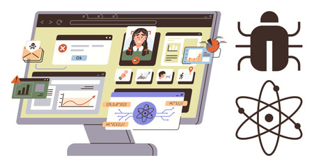 Computer screen with pop-ups, virus icons, and warning alerts emphasizing cyberattacks. Ideal for security, data protection, online privacy, risk assessment, hacking, secure computing digital