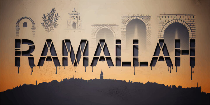 Ramallah City Skyline Silhouette with Historic Landmarks, Arabic Architecture, and Modern Calligraphy at Sunset Illustration