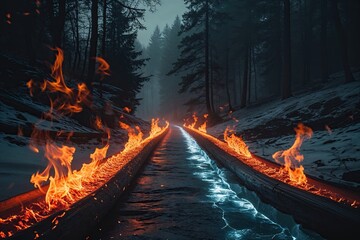 Dramatic Fiery Paths and Icy Trails Landscape with Intense Energy and Gloom
