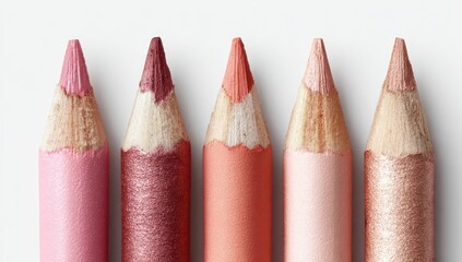 Five sharpened cosmetic pencils in varying shades of pink, rose, and peach, arranged in a row against a white background; showcasing subtle shimmer on some