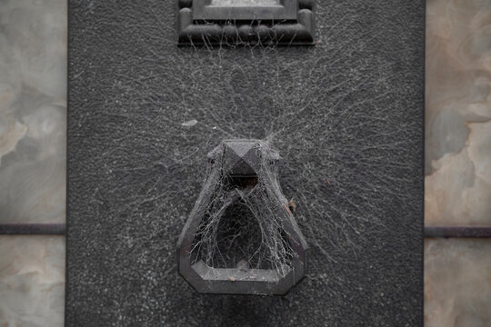 Detalles arquitect&oacute;nicos en cementerio aldaba de bronce con telara&ntilde;as