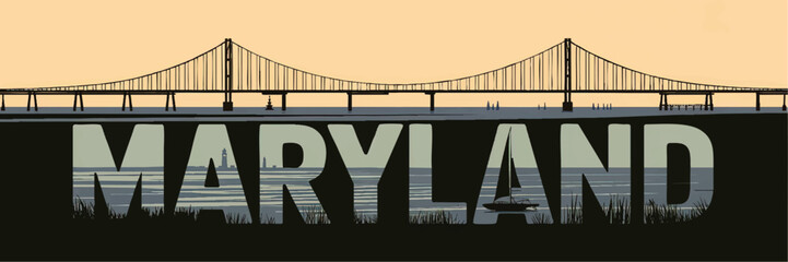 Maryland Chesapeake Bay Bridge Silhouette with Nautical Lettering, Sunset Colors, and Coastal Scenery Illustration