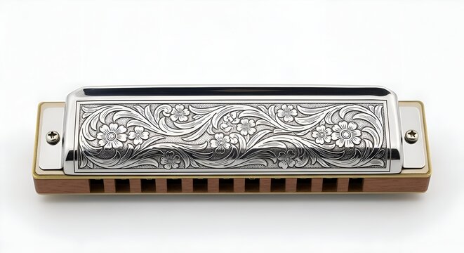 Silver harmonica with engraved western floral patterns, centered on clean and white background