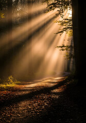 Sunbeams Illuminating Forest Path