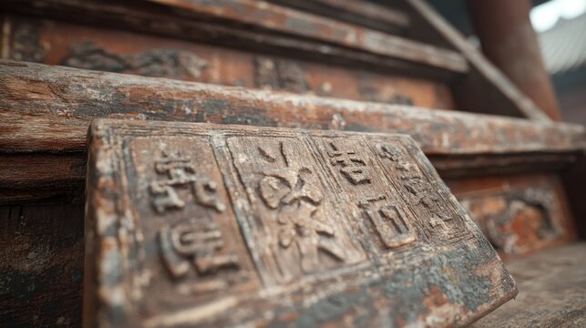 Detailed view of ancient wooden tablet with traditional carved characters