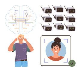 Neural network with circuit paths, robotic emotions displayed on screens, person adjusting glasses, face recognition interface approval. Ideal for AI, robotics, technology, future, machine learning