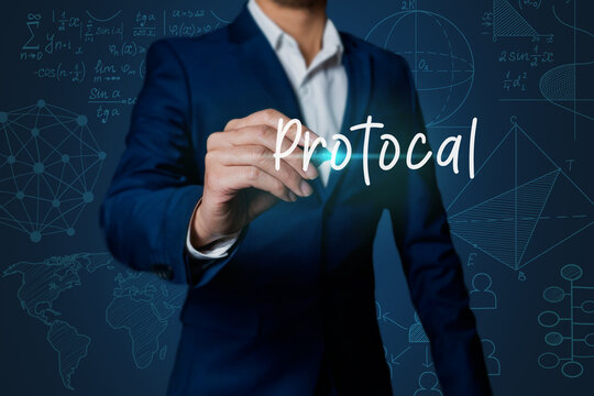 business man hand writing with the word protocal concept with sketch math calculations and equations illustration background