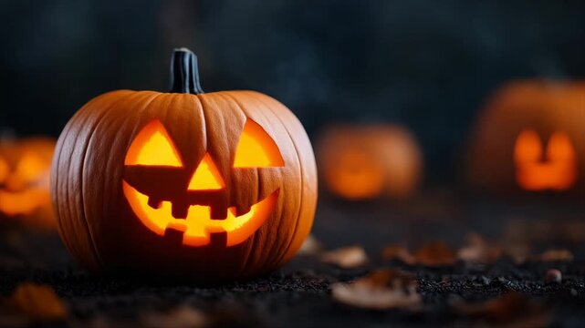 pumpkins with carved faces  amidst fallen leaves in a dimly lit environment. The festive spirit of Halloween