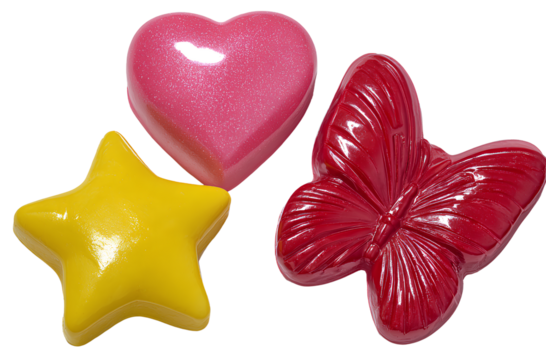 et of glossy heart-shaped, star-shaped, and butterfly-shaped candies in pink, red, orange, and yellow colors 