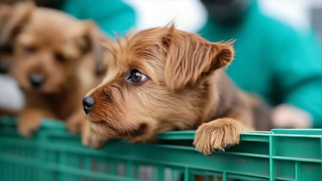 Adorable puppies are looking for homes as they eagerly wait in small cages at a shelter event held in a community park. Their playful spirit shines through as they attract attention