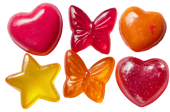  Set of glossy heart-shaped, star-shaped, and butterfly-shaped candies in pink, red, orange, and yellow colors