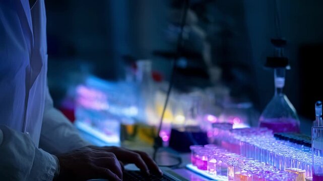 Lab technician documenting biochemical experiment results on a laptop while working with colored liquid samples under bright LED lights.