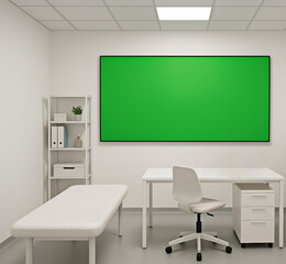Modern Minimalist Medical Office with Green Screen Mockup:  Clean, Bright, and Professional Setting.