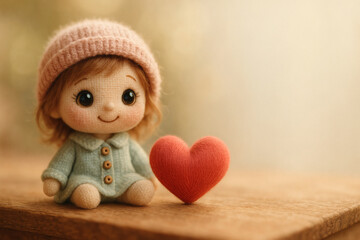 Adorable handmade felt doll wearing a pink hat, sitting beside a yarn heart; heartwarming, sentimental, Valentine's Day theme.