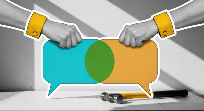 Conceptual Image of Two Hands Holding Overlapping Speech Bubbles with a Hammer on a Table Representing Communication and Conflict Resolution
