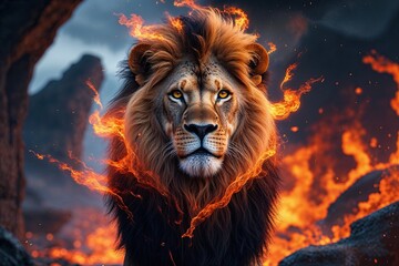 Naklejka premium Stunning Fantasy Lion Design in a Vivid Firestorm Setting