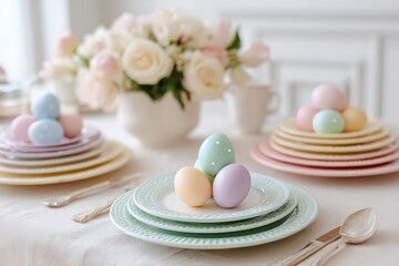 A dining table set with pastel-colored plates, Easter egg decorations, and a fresh flower centerpiece