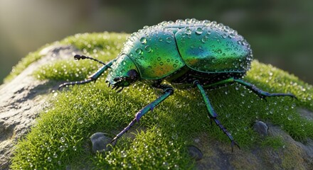 Shiny Green Beetle Covered in Water Droplets on Mossy Rock