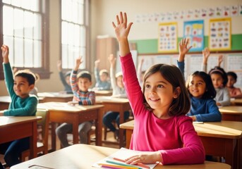 Happy elementary school students raising hands in classroom