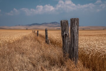 Weathered Wooden Fence Posts in a Dry Wheat Field