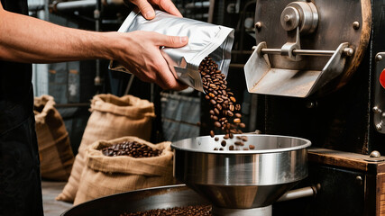A faceless person's hands pouring freshly roasted coffee beans from a bag into the hopper of a large, professional coffee grinder in a roastery