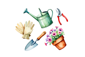 Watercolor Gardening Tools:  Watering Can, Gloves, Trowel, Pruners, Potted Flowers; Springtime Theme