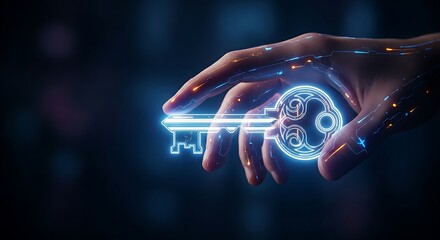Access key and solution concept. A hand holds a single, ornate holographic key, symbolizing exclusive access, secure login, or a turnkey solution.