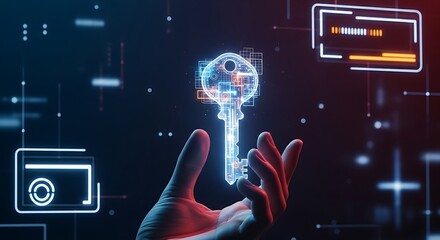 Access key and solution concept. A hand holds a single, ornate holographic key, symbolizing exclusive access, secure login, or a turnkey solution.