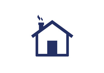 Simple blue icon of a house with a smoking chimney, representing home and residence.