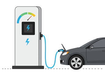 A modern electric vehicle is connected to a charging station, indicated by a glowing lightning bolt symbol, for replenishment.