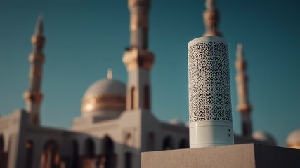 Medium shot featuring the digital muezzin towers microphone sensors sharply in focus capturing ambient sounds with AI softly blurred around enhancing adaptive adhan volume for