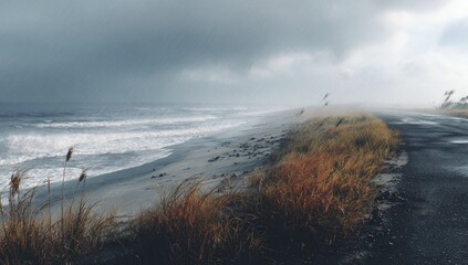 Stormy coastal scene; grey sky, turbulent waves crashing on a sandy beach, tall grasses, and a weathered road