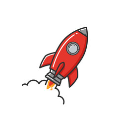 A vibrant red cartoon rocket launching upwards with a trail of white smoke and orange fire.