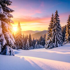 Snowy mountain sunset scene