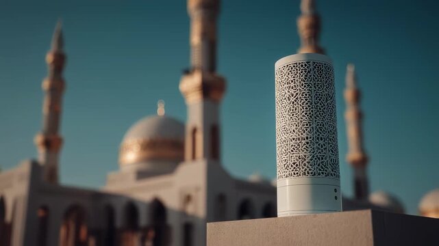 Medium shot featuring the digital muezzin towers microphone sensors sharply in focus capturing ambient sounds with AI softly blurred around enhancing adaptive adhan volume for