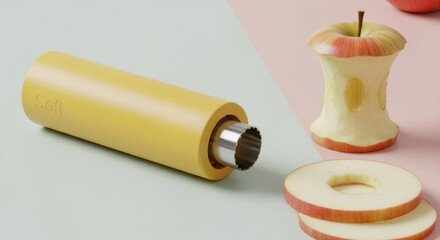 Apple Corer with Sliced Apples and Apple Core on a Two-Tone Background for Fruit Preparation and Healthy Eating