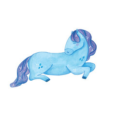 Sleeping blue horse with a purple mane. Symbol of the new year 2026. Watercolor illustration drawn, cartoon. Drawing for stickers, scrapbooking, postcards. new year, symbol, animal