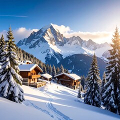 Snowy mountain village at sunrise