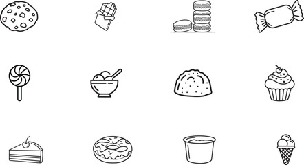 Delightful Dessert Icon Set Featuring Cookies, Candy, Ice Cream, Cake, Donuts, Cupcakes, Macarons, and More - Perfect for Adobe Stock with High-Quality Vector Illustrations for Baking, Recipes, and Sw