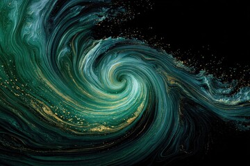 Naklejka premium Abstract Teal and Green Ocean Wave Swirling in Dark Background