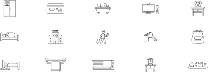 Set of Minimalist Line Icons for Hotel and Hospitality Including Refrigerator, Bathtub, TV, Bed, Maid, Key, Towel, and Dining Table for Accommodation and Service Design